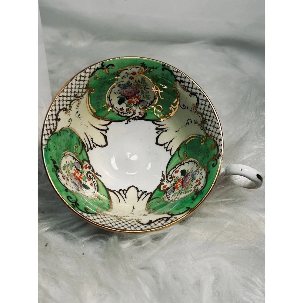 Regent Bone China Fenton England Teacup Saucer Green Gold Floral 4865 Vintage‎